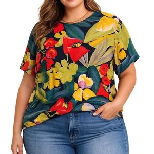 Jones New York 14W Silk Floral Blouse Short Sleeve Multicolor Plus Size Top